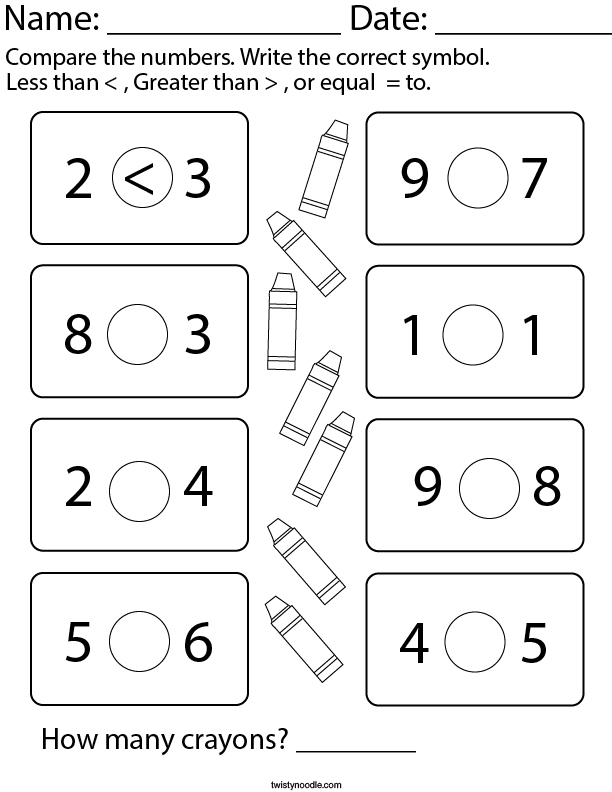 Less Than, Greater Than, Equal to 1 Digit Numbers Math Worksheet